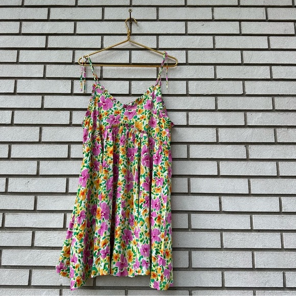 Patrons of Peace Malibu Dress L Floral Rayon Mini Tie Strap Ruffle India Boho - Picture 9 of 13